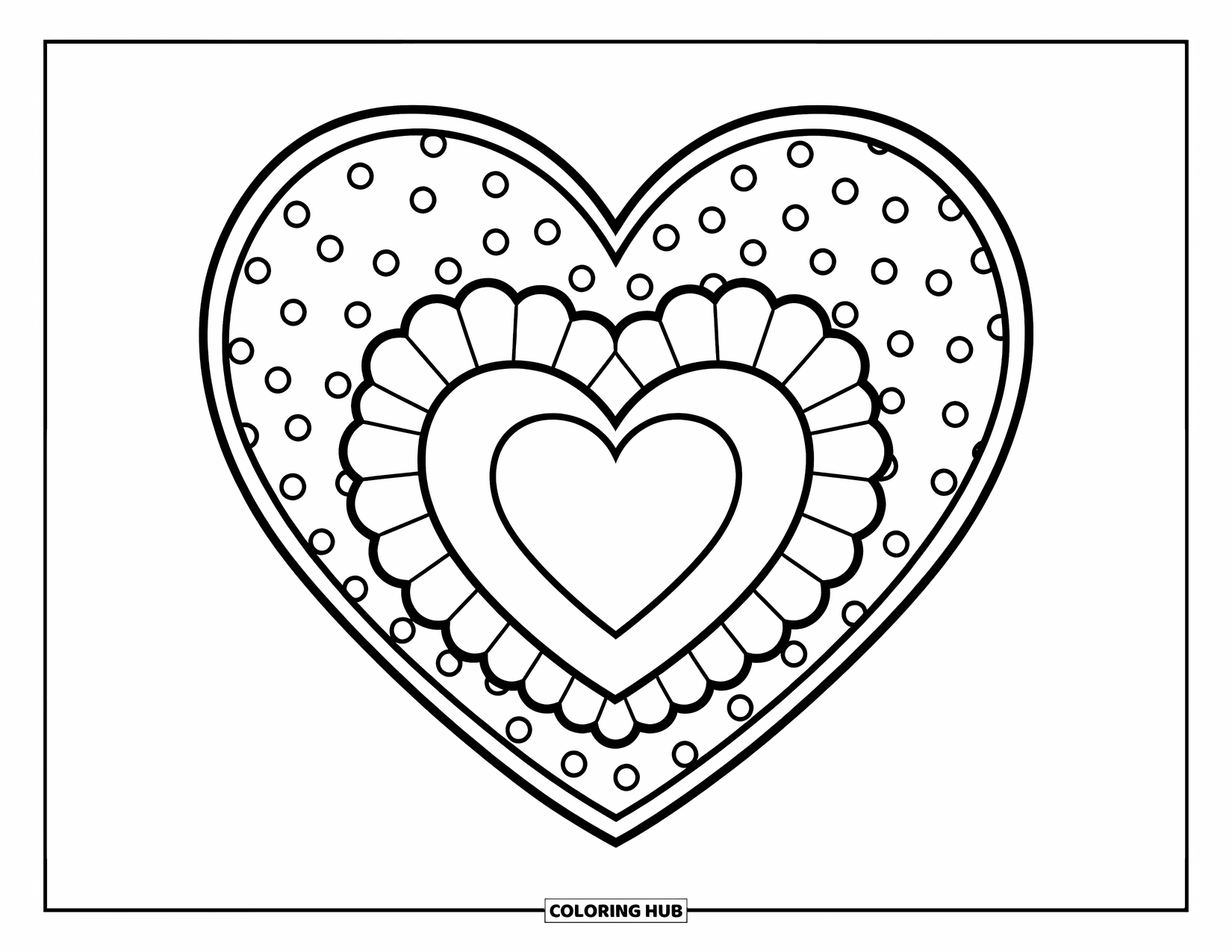 Red Coloring Page for Kids: A heart filled with stars sits inside a dotted frilly heart