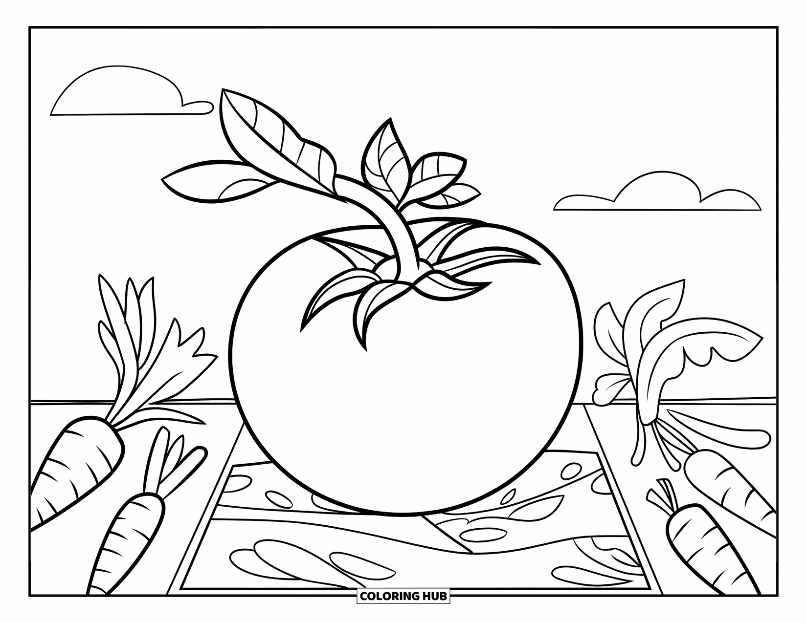 Red Coloring Page for Kids: A large tomato grows in a garden patch with other vegetables nearby