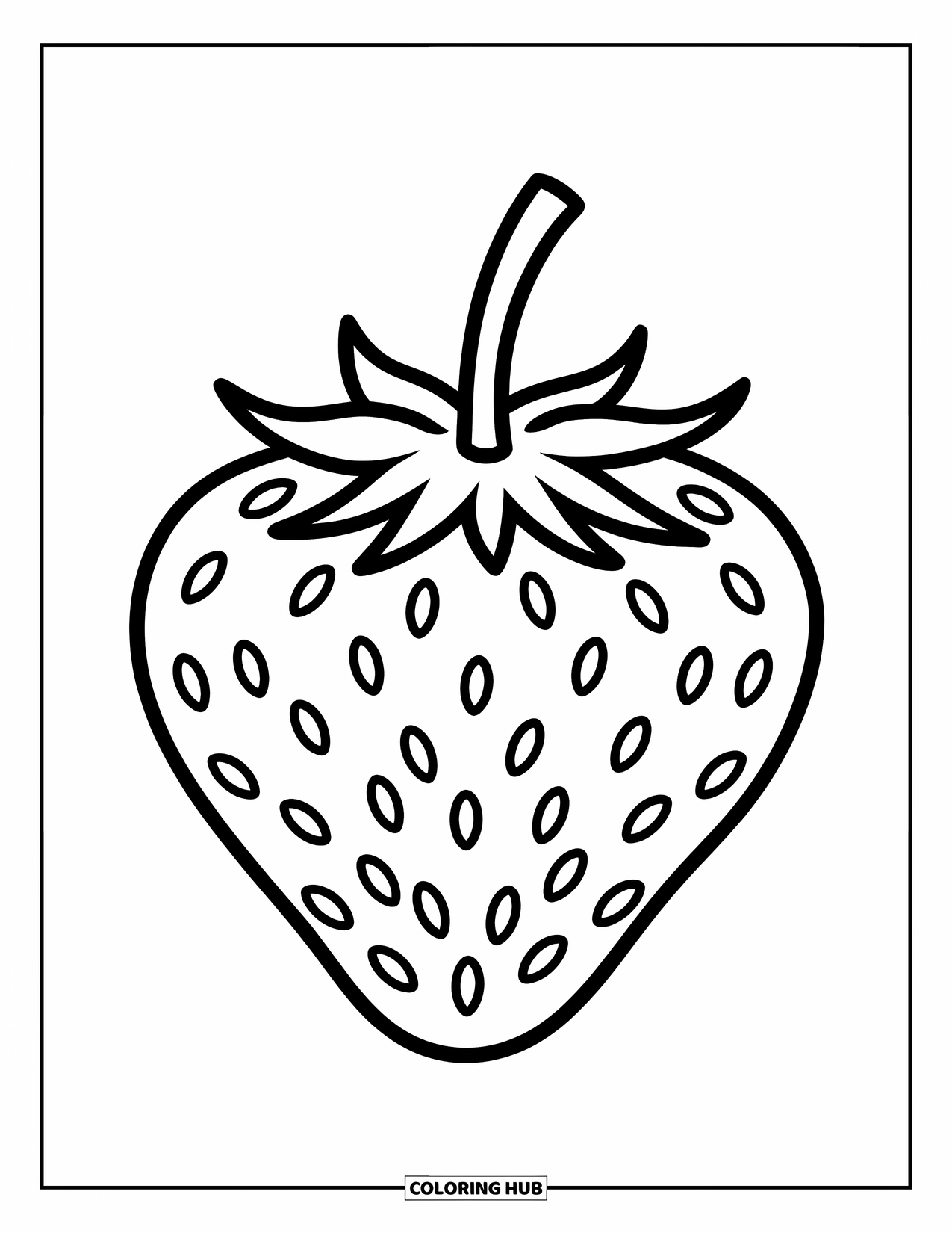 Red Coloring Page for Kids: A playful strawberry with a thin stem sits in bold, crisp outline