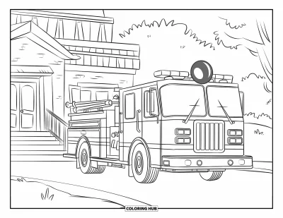 Red Coloring Page for Kids: A red-striped fire truck sits by a station with steps and trees nearby