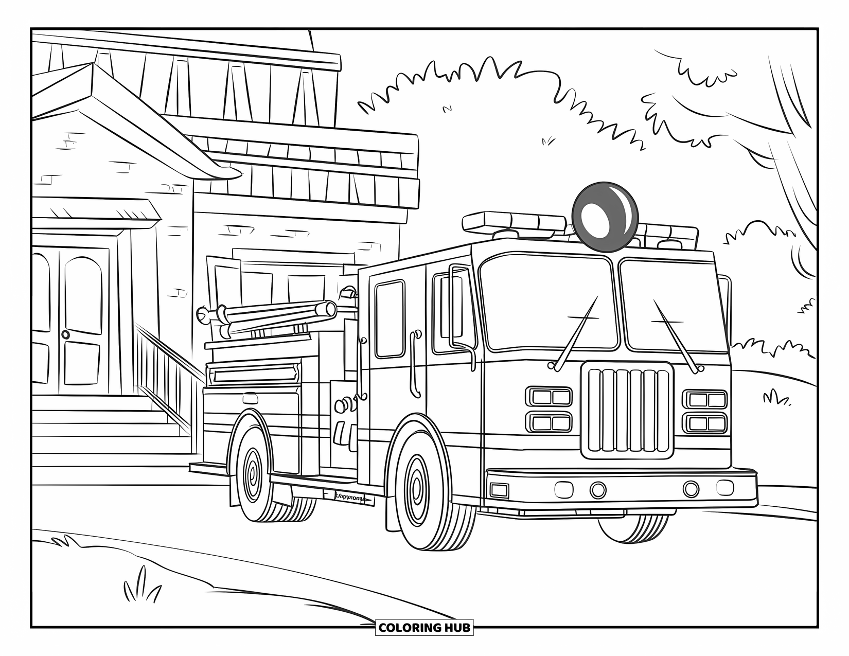 Red Coloring Page for Kids: A red-striped fire truck sits by a station with steps and trees nearby