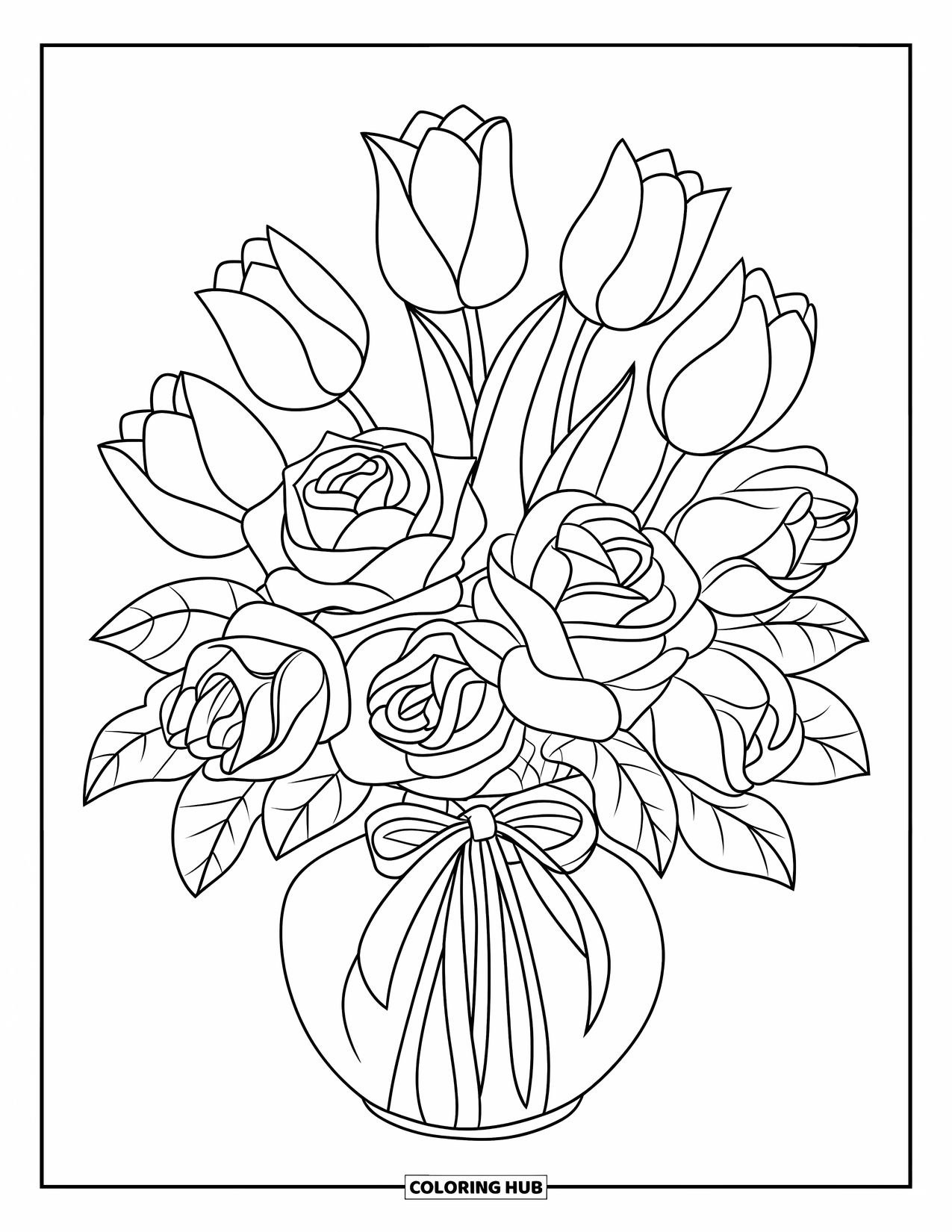 Red Coloring Page for Kids: A ribbon-tied vase holds roses and tulips with bold petal outlines