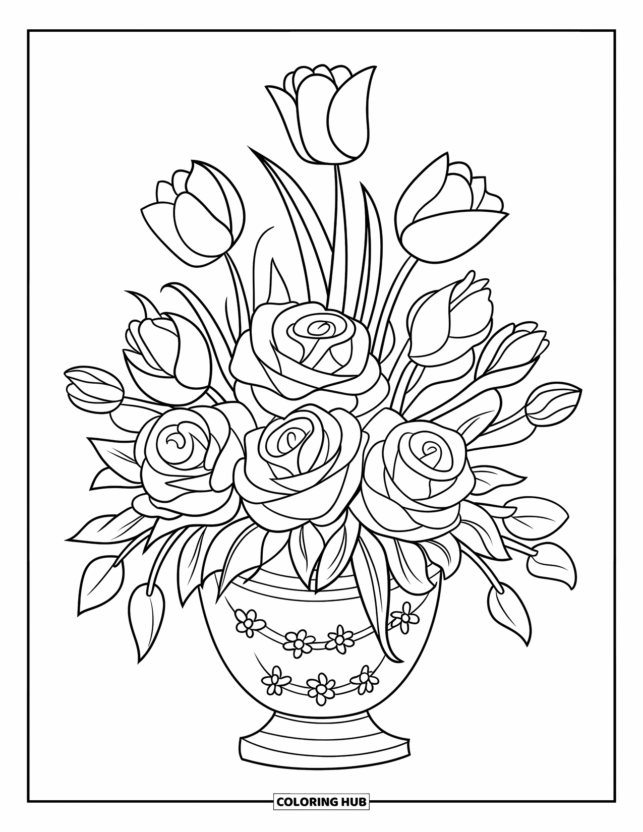 Red Coloring Page for Kids: A rose and tulip bouquet stands in a floral vase on a wooden stand
