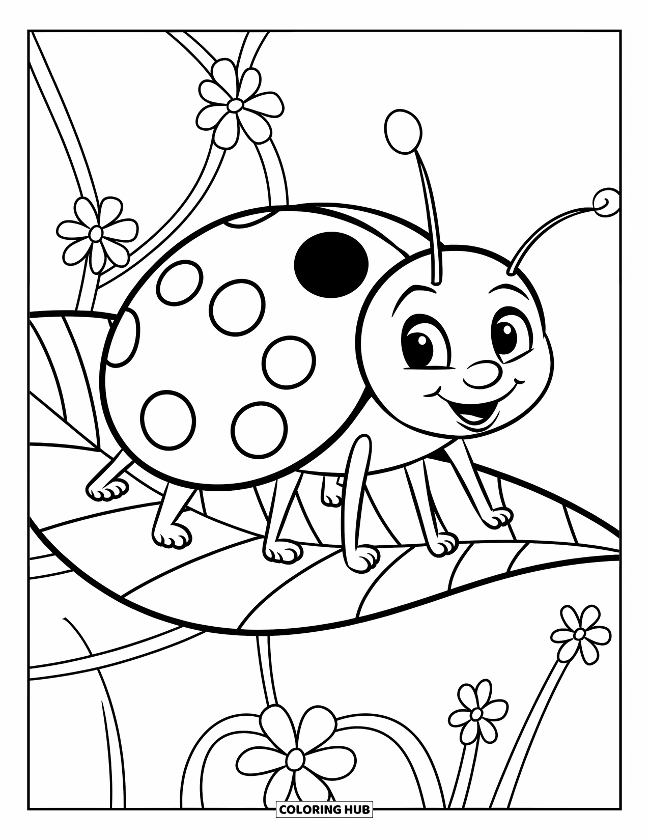Red Coloring Page for Kids: A smiling ladybug on a leaf is surrounded by tiny flowers