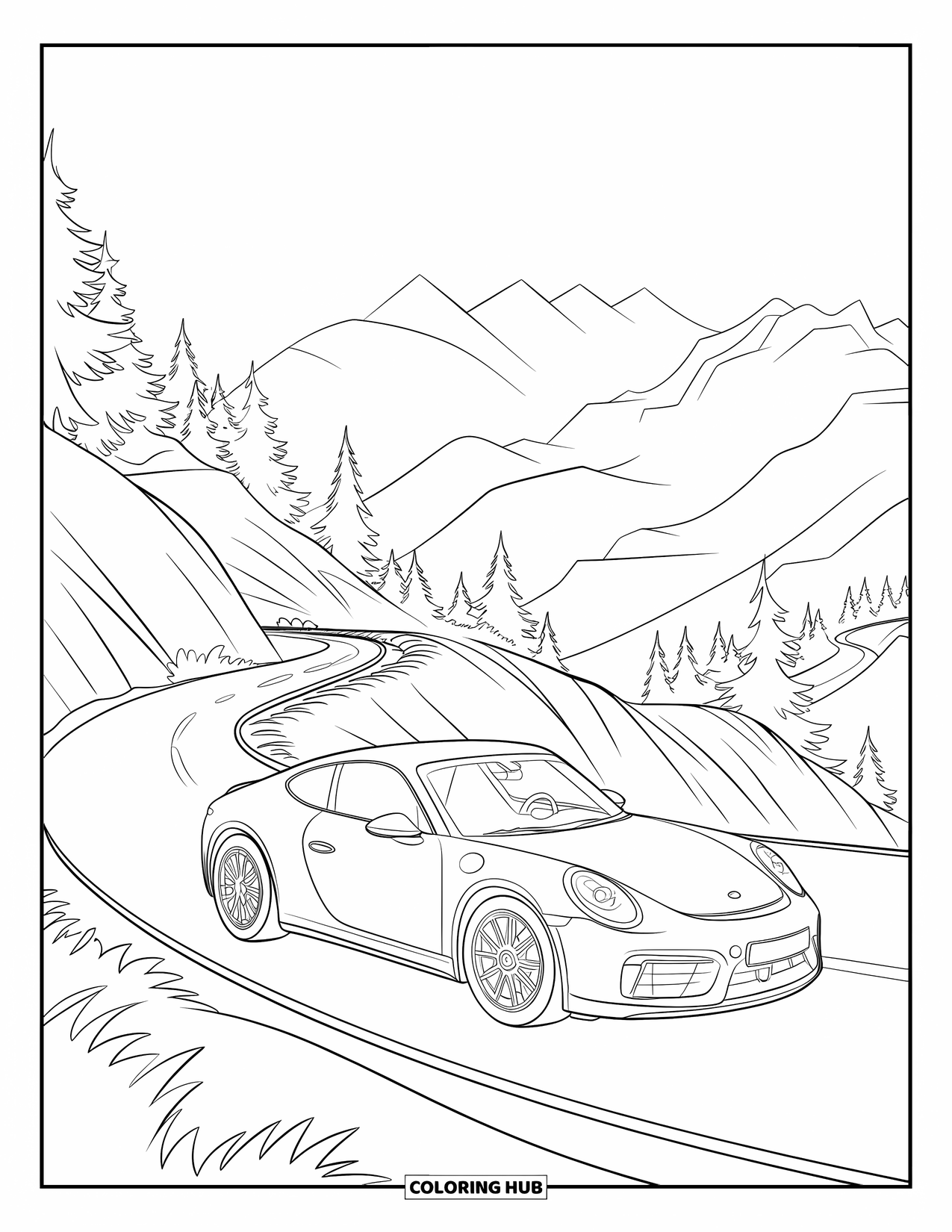 Red Coloring Page for Kids: A sports car winds along a sharp mountain bend with trees and clear skies