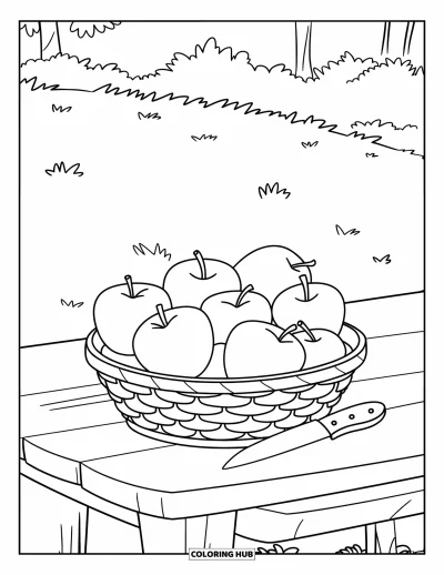 Red Coloring Page for Kids: Apples fill a basket beside a knife on a table in a grassy field