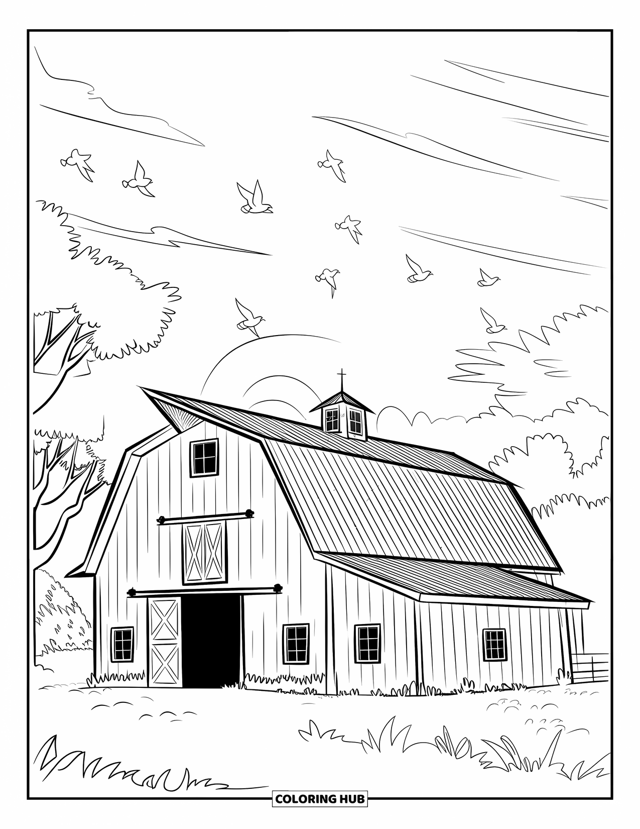 Red Coloring Page for Kids: Birds fly around a red barn surrounded by grass and trees