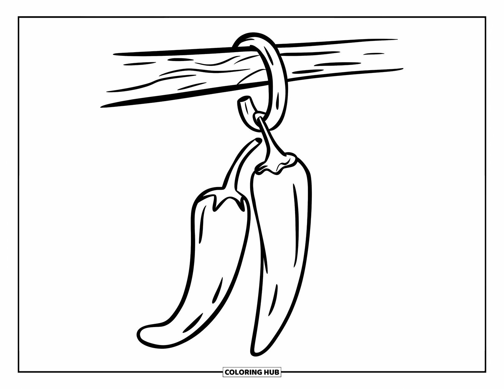Red Coloring Page for Kids: Chili peppers hang from a hook placed in a wooden log