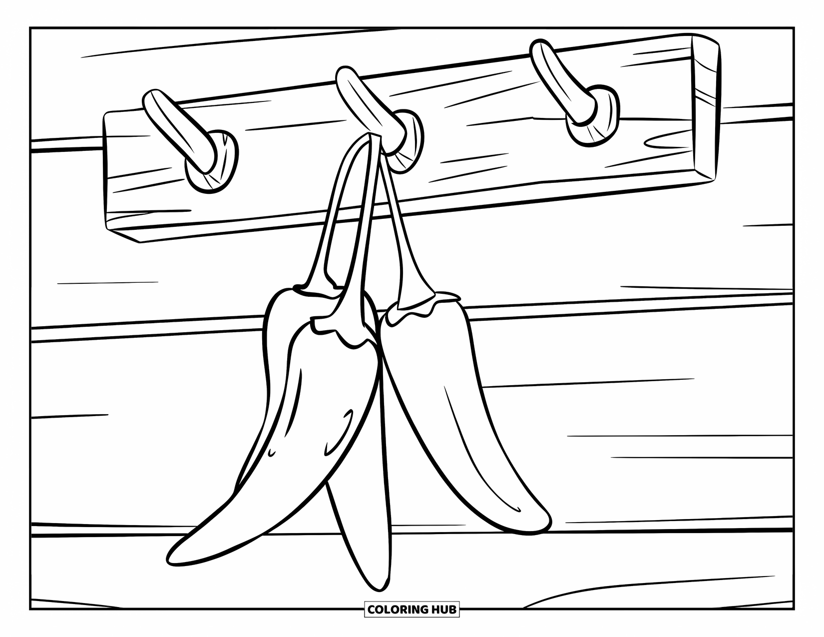 Red Coloring Page for Kids: Chili peppers hang from a rustic wooden hook in a simple setting
