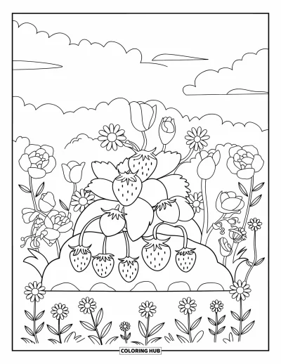 Red Coloring Page for Kids: Small strawberries grow low among daisies, roses, and tulips