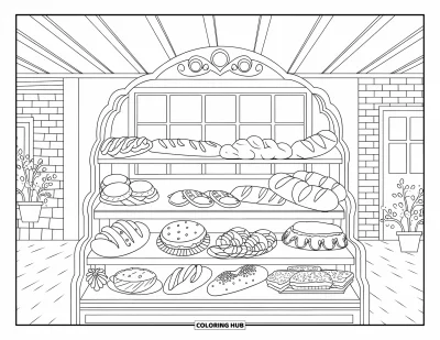 Coloriage de restaurant pour adultes : Étagère de boulangerie garnie de pains et de desserts près d'une fenêtre et de plantes en pots