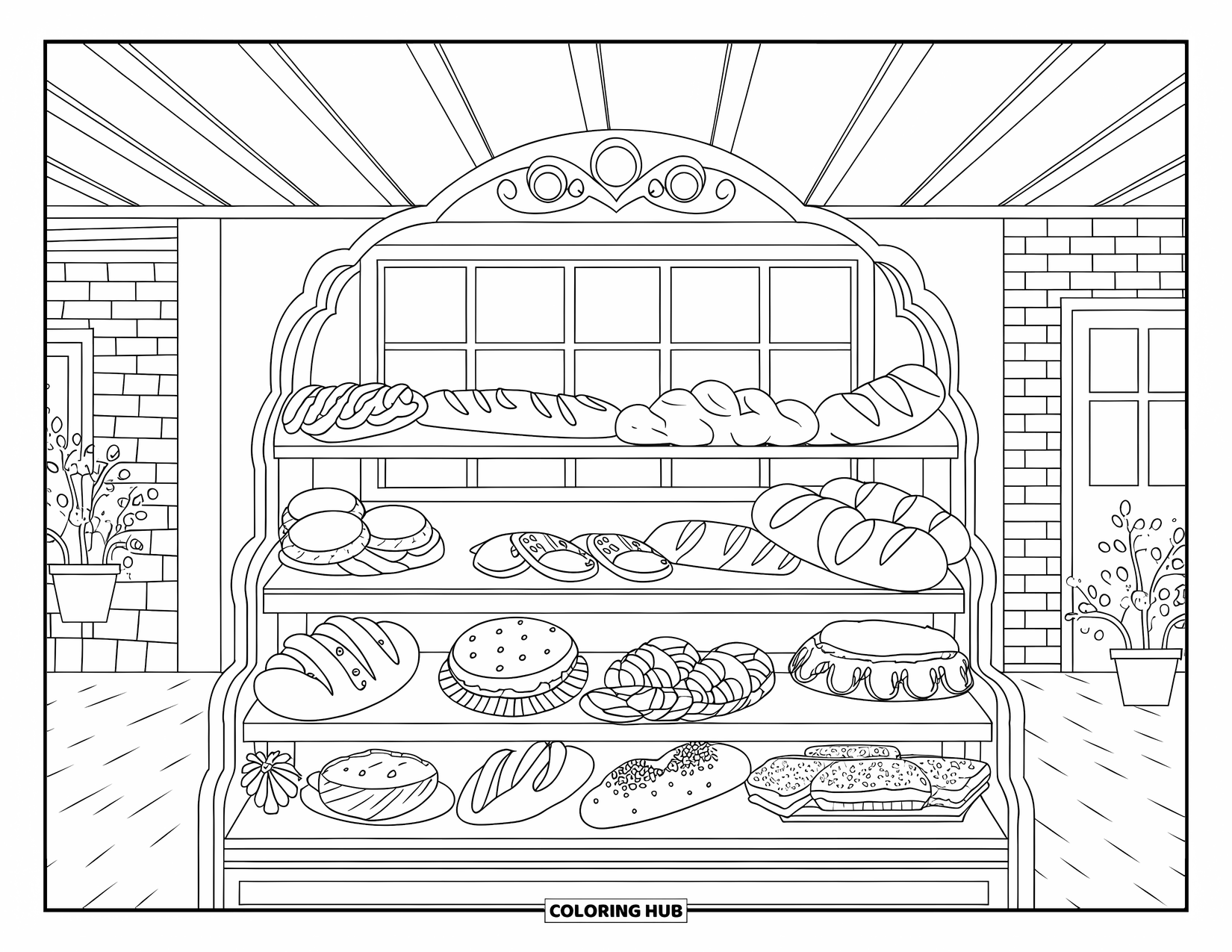 Restaurant Coloring Page for Adults: A bakery shelf stacked with breads and desserts sits near a window and potted plants
