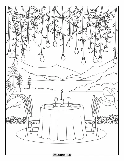 Coloriage de restaurant pour adultes : Une table aux chandelles pour deux brille doucement sous des feuilles de vigne face à un paysage serein