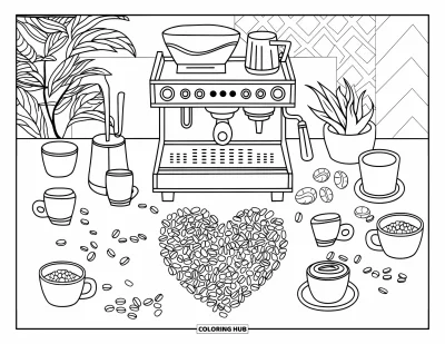Coloriage de restaurant pour adultes : Un cœur formé de grains de café décore un coin café tranquille avec des outils et des tasses