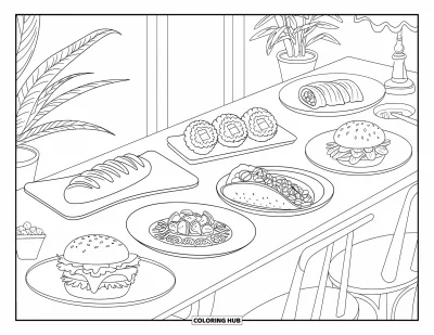 Coloriage de restaurant pour adultes : Une longue table présente des spécialités comme des sushis, des pâtes, des falafels, des tacos et une baguette
