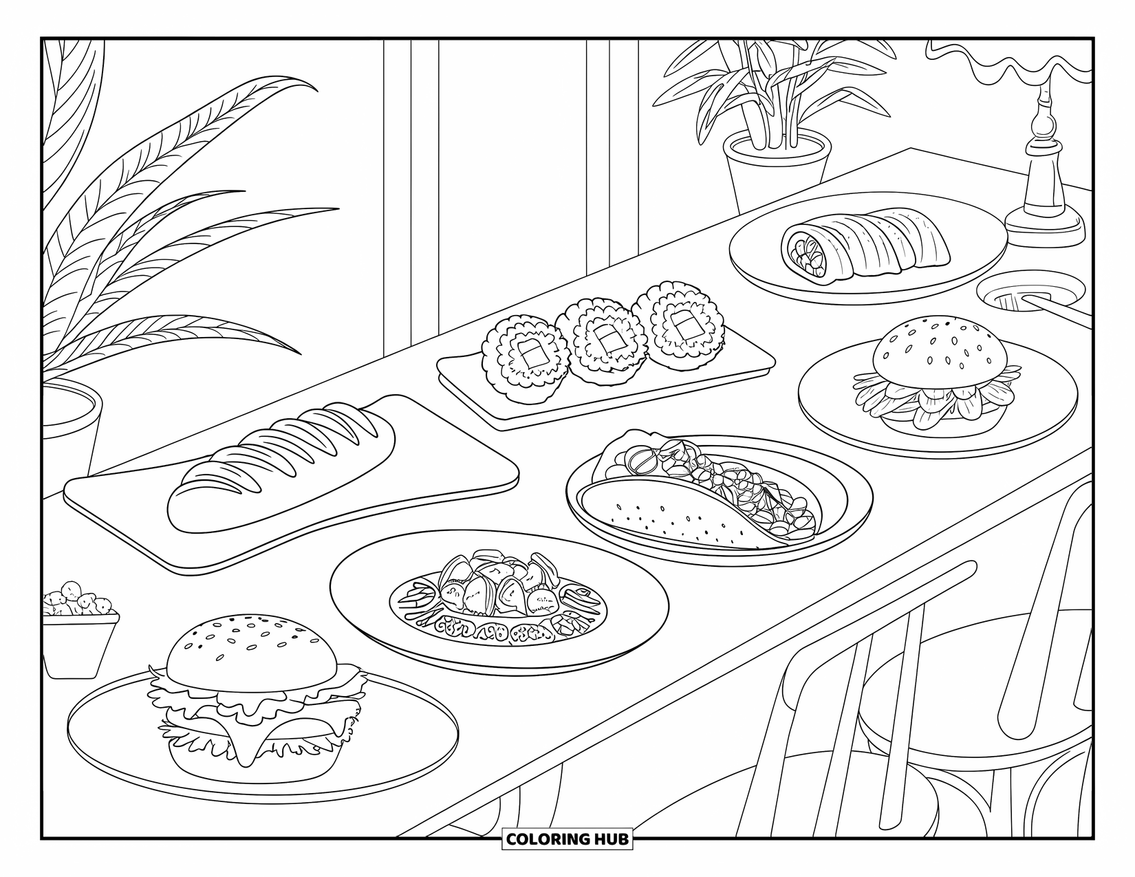 Restaurant Coloring Page for Adults: A long table showcases dishes like sushi, pasta, falafel, tacos, and a baguette