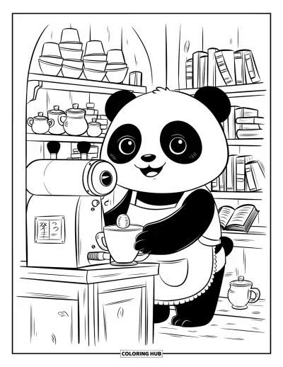 Coloriage de restaurant pour adultes : Un panda barista prépare des boissons dans un coin douillet rempli de tasses et de livres