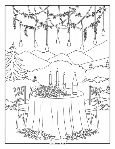 Coloriage de restaurant pour adultes : Une table romantique avec du vin et des roses sous des ampoules illuminées, près d'arbres et de montagnes
