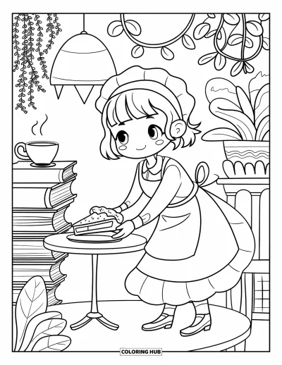 Coloriage de restaurant pour adultes : Une chaleureuse scène de salon de thé avec tarte, thé, livres et une douce lampe allumée