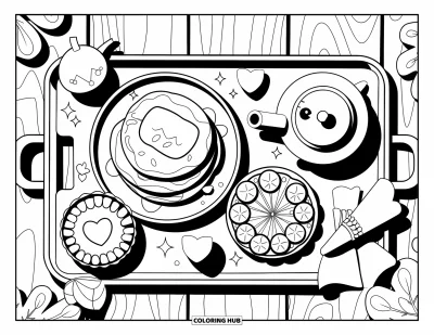 Coloriage de restaurant pour adultes : Adorable plateau de brunch avec des crêpes, une tartelette aux fruits, une serviette et une théière ornée de cœurs