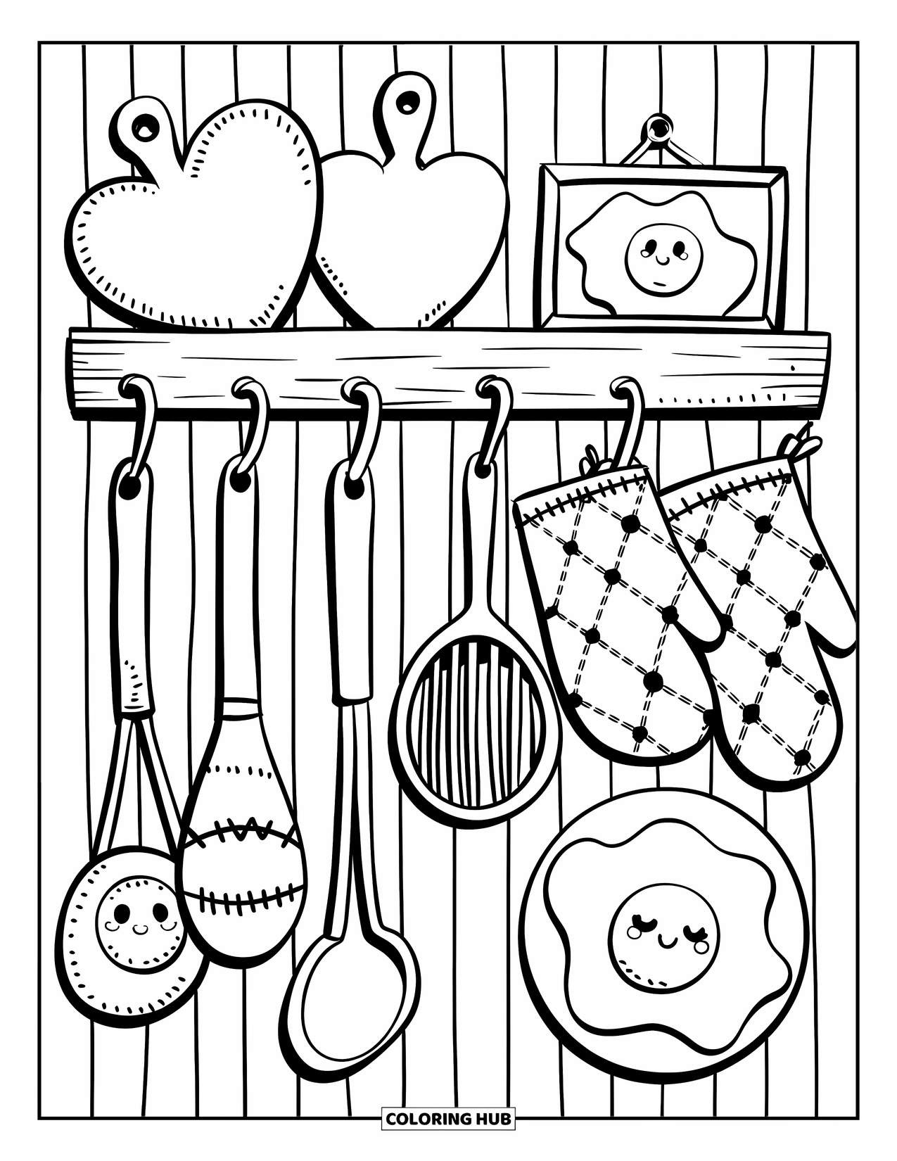 Restaurant Coloring Page for Adults: Adorable shelf of kitchen decor with heart boards, mitts, ladles, and framed egg