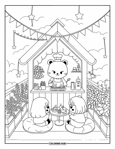 Coloriage de restaurant pour adultes : Un ours propose des pâtisseries à des invités assis sur des coussins sous des étoiles suspendues