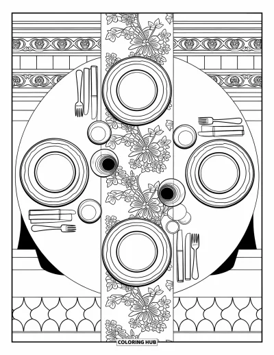 Coloriage de restaurant pour adultes : Vue de dessus d'une table avec des assiettes, des verres, des serviettes et un chemin de table fleuri