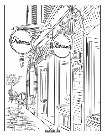 Coloriage de restaurant pour adultes : Façade de restaurant en briques avec des lanternes, des chaises et une plante en pot sur une rue pavée