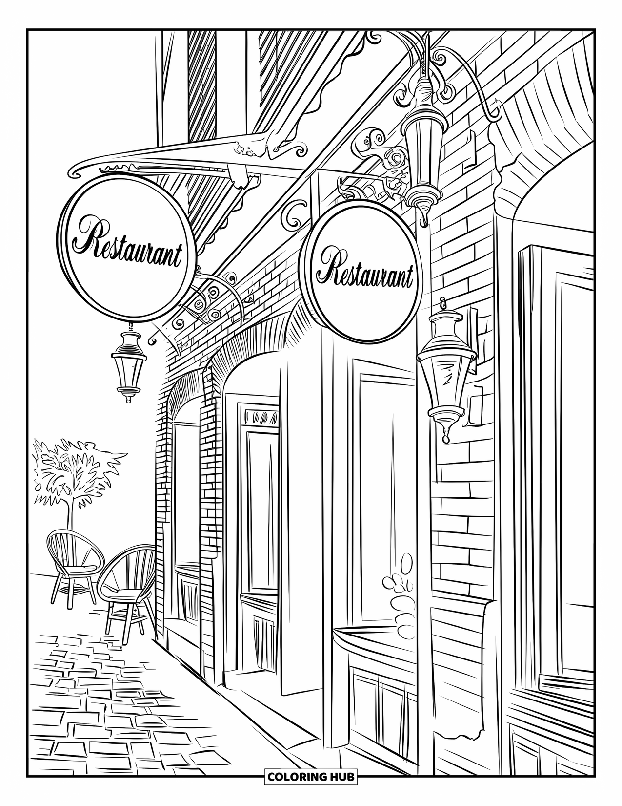 Restaurant Coloring Page for Adults: Brick restaurant front with lanterns, chairs, and a potted plant on a cobbled street