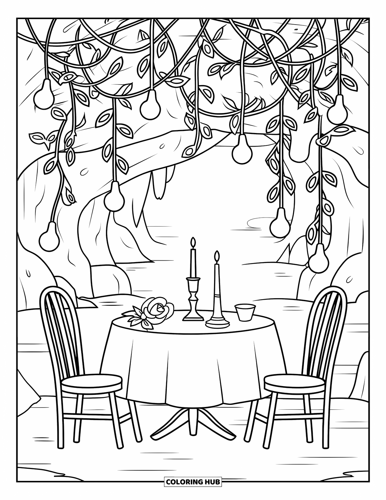 Restaurant Coloring Page for Adults: Candle and rose decorate a table for two tucked inside a cave with hanging lights