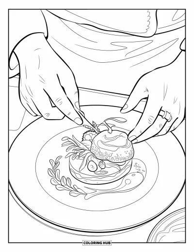 Coloriage de restaurant pour adultes : La main d'un chef dresse soigneusement de la viande et des légumes nappés de sauce dans une assiette propre
