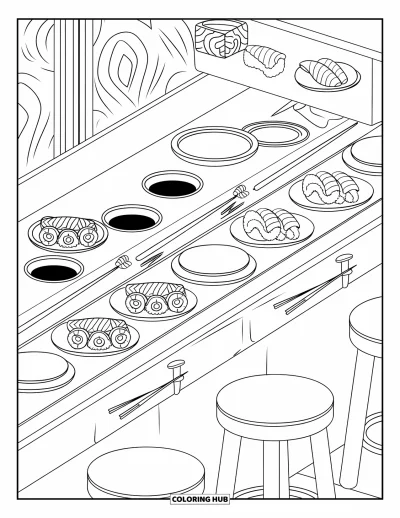 Coloriage de restaurant pour adultes : Des baguettes et des assiettes de sushi entourent un bar avec de délicats motifs en arrière-plan