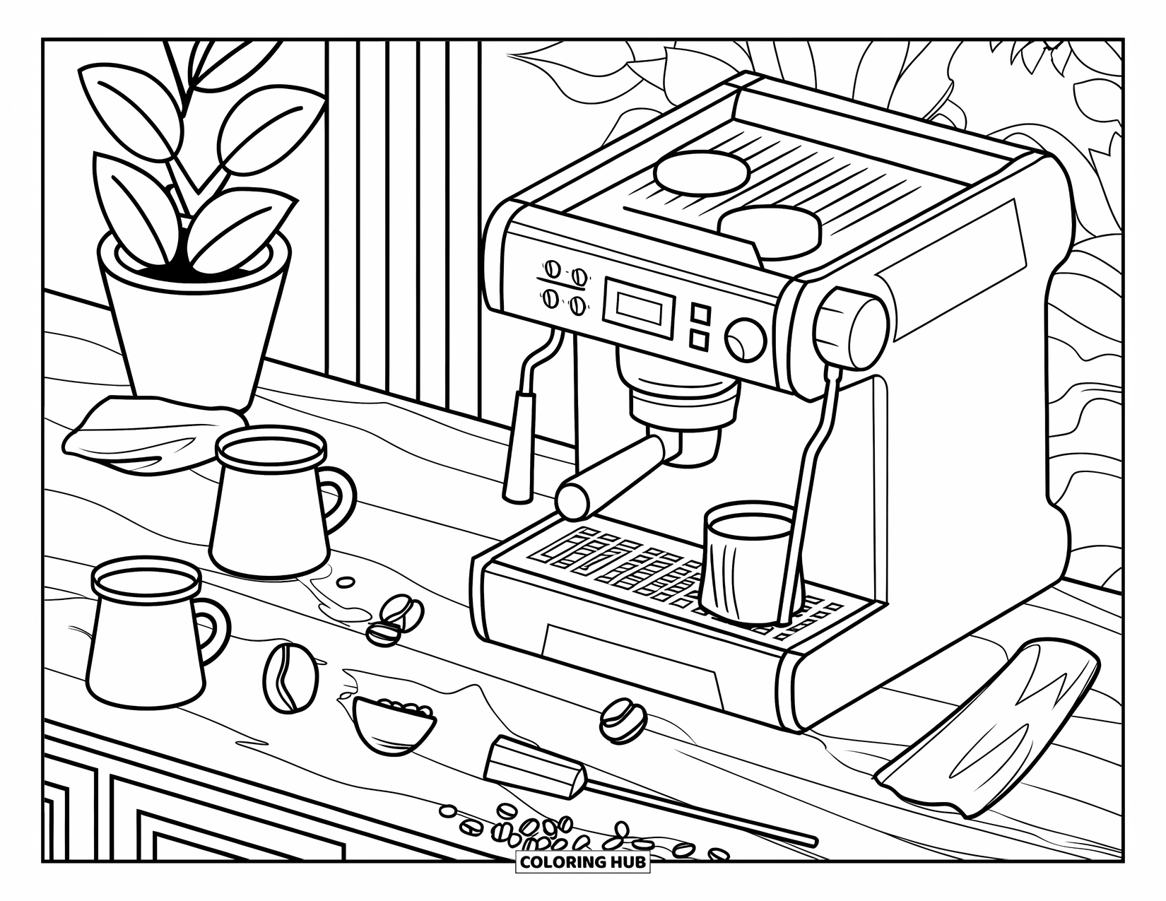 Restaurant Coloring Page for Adults: Coffee tools and mugs rest on wood beside a potted plant and soft patterns