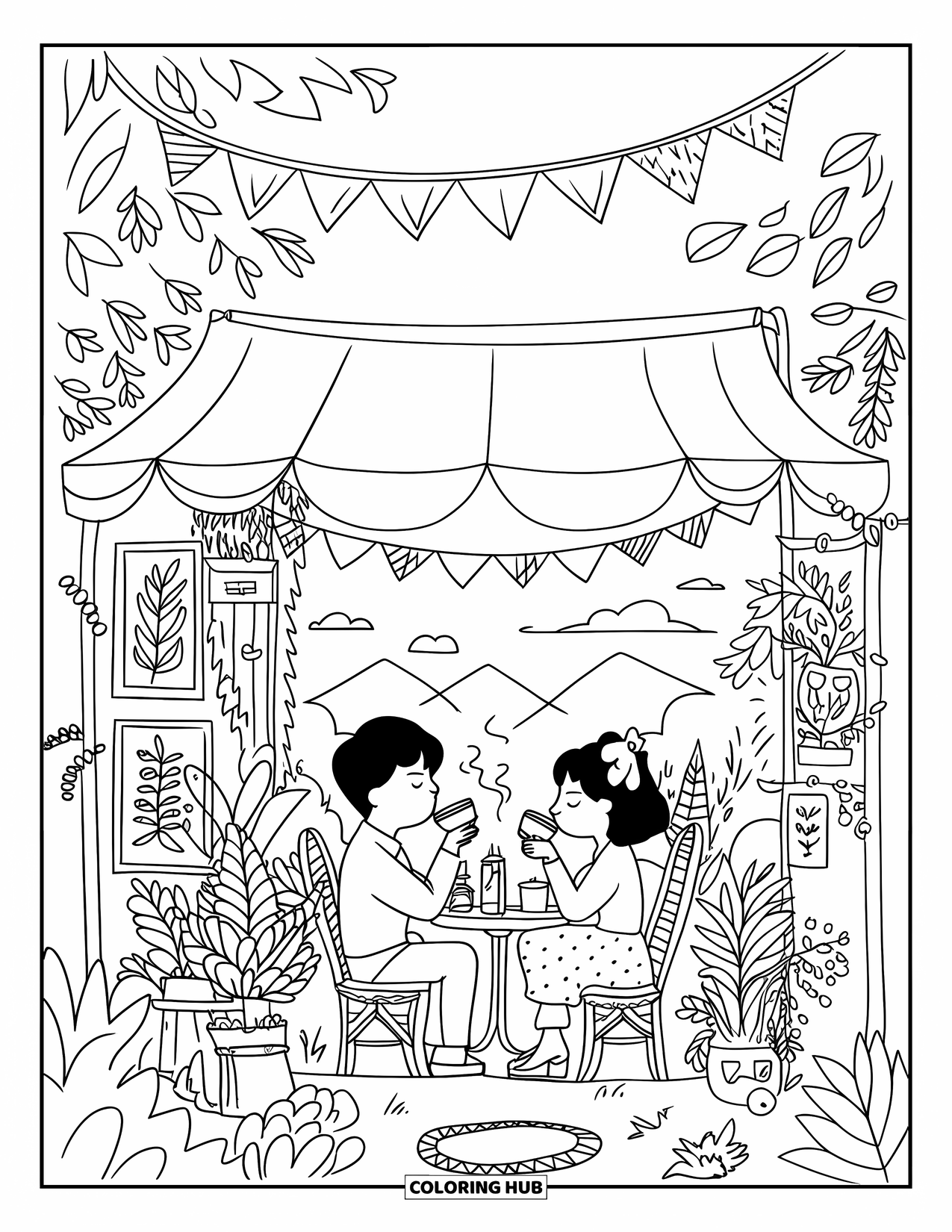 Restaurant Coloring Page for Adults: Couple enjoys tea at a cozy bistro with plants, framed art, and string flags