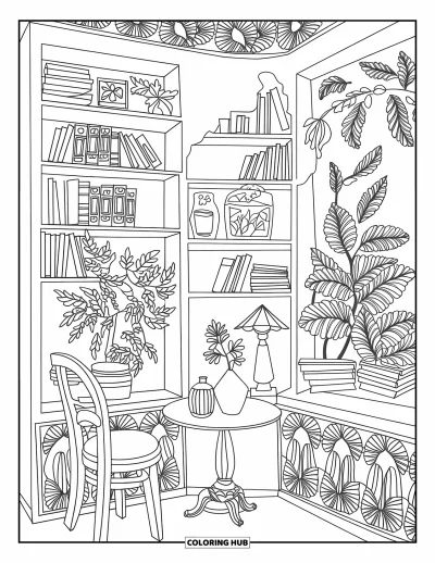 Coloriage de restaurant pour adultes : Coin de café douillet avec des bibliothèques, des plantes et une petite table avec lampe et vase