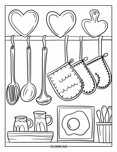 Coloriage de restaurant pour adultes : Étagère de cuisine charmante avec de jolis ustensiles, des planches à découper en forme de cœur et un dessin d'œuf encadré