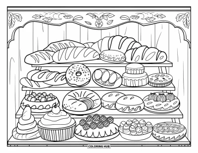 Coloriage de restaurant pour adultes : Des croissants, des beignets et des gâteaux garnissent une étagère de pâtisserie rustique aux détails en bois sculpté