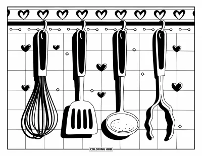 Coloriage de restaurant pour adultes : De jolis ustensiles suspendus ornés de cœurs et de points apportent du charme à cette scène de cuisine accueillante