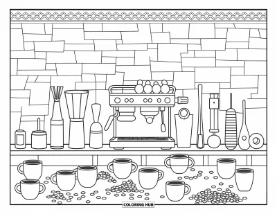 Coloriage de restaurant pour adultes : Une machine à expresso et des tasses entourées de grains épars dans un coin barista chaleureux