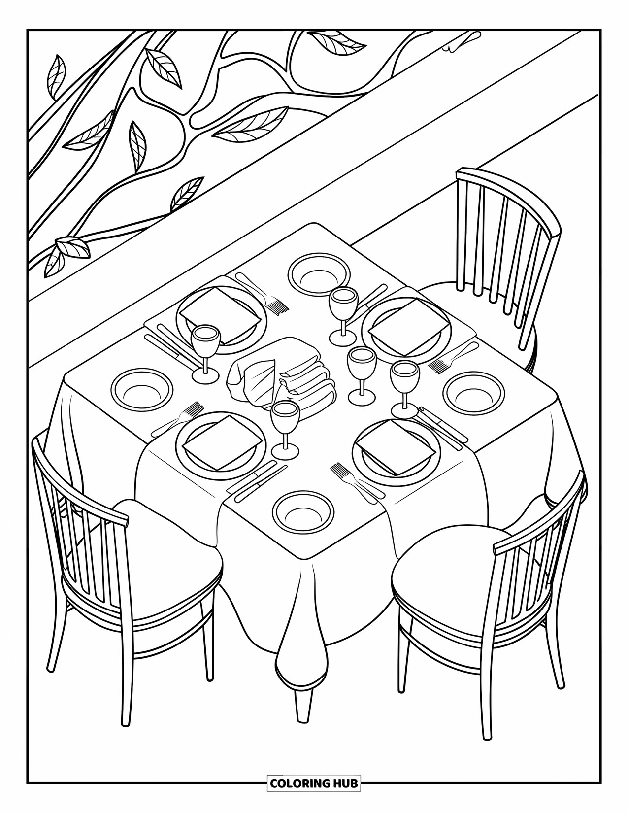 Restaurant Coloring Page for Adults: Fancy table setting with folded napkins, wine glasses, and vine-patterned background