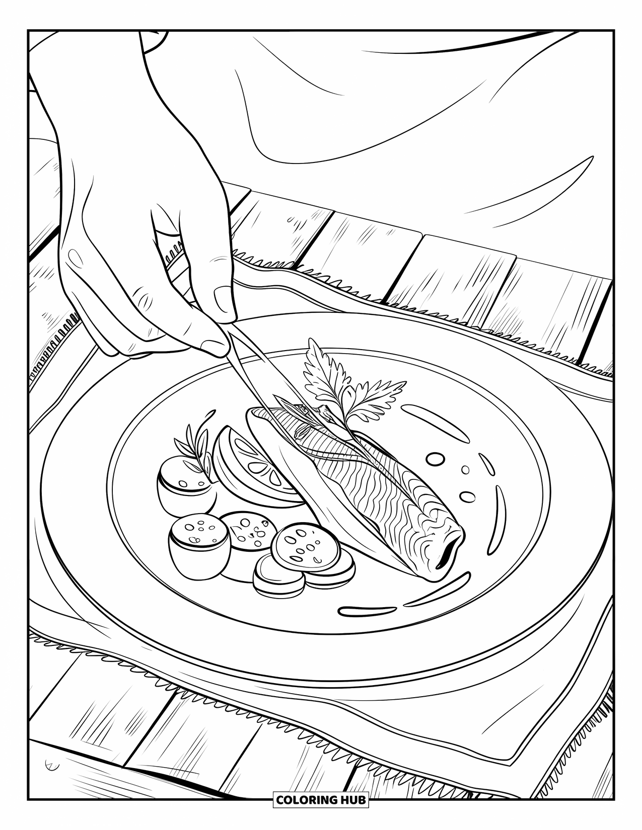 Restaurant Coloring Page for Adults: Fine-dining dish with fish, lemon, and potatoes plated by a chef on rustic wood