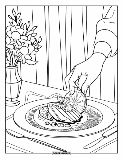 Coloriage de restaurant pour adultes : Un chef dresse un poisson avec du persil et du citron près de fleurs et d'un rideau