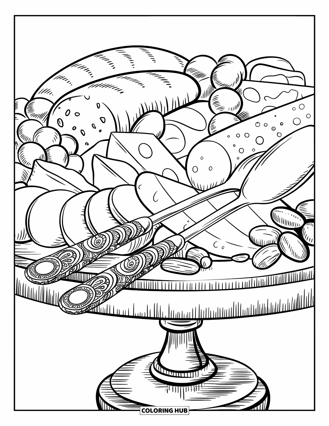 Restaurant Coloring Page for Adults: Grapes, cheeses, and olives fill a charcuterie board with intricate metal utensils