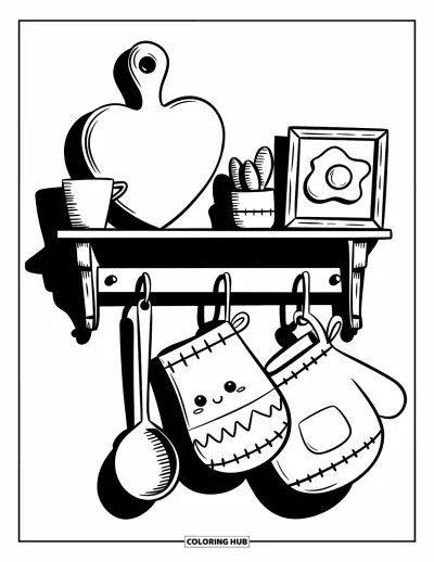 Coloriage de restaurant pour adultes : Une planche à découper en cœur, une louche, des mitaines et un dessin d'œuf reposent sur une étagère de cuisine confortable