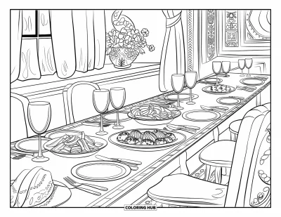 Coloriage de restaurant pour adultes : Des plats du monde entier sont servis sur une longue table avec des verres à vin et des décorations florales