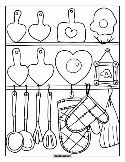 Coloriage de restaurant pour adultes : Petite étagère de cuisine avec décorations en forme de cœur, de minuscules ustensiles et un cadre représentant un œuf