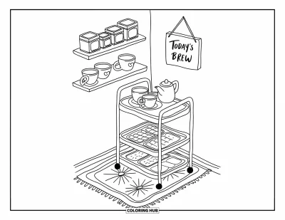 Coloriage de restaurant pour adultes : Coin thé miniature avec des tasses, des boîtes étiquetées, un chariot à plateau et une enseigne « Today's Brew »
