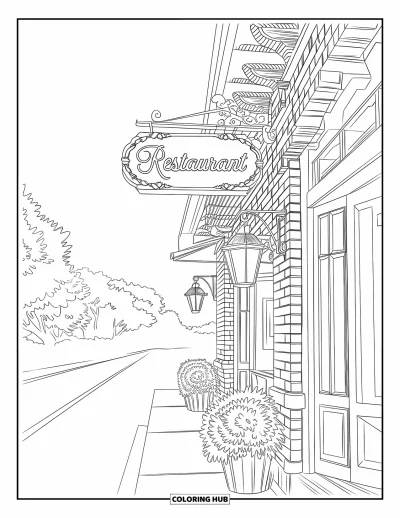Coloriage de restaurant pour adultes : Vieux restaurant avec des détails en brique et des lanternes niché entre les arbres au bord d'une route tranquille