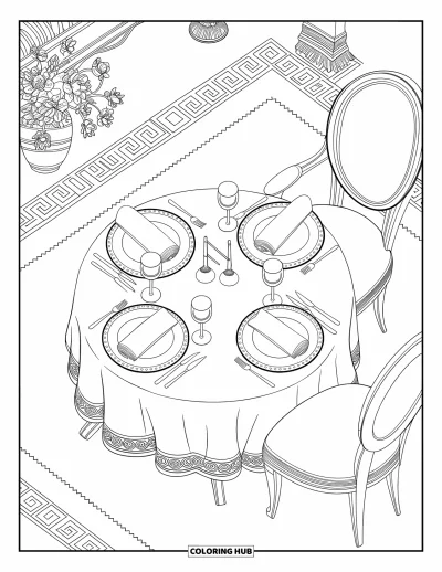 Coloriage de restaurant pour adultes : Vue en plongée d'une table de restaurant avec des assiettes superposées, des fleurs et un tapis à motifs