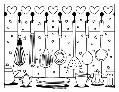 Coloriage de restaurant pour adultes : Des ustensiles surdimensionnés et de petits objets de table créent une cuisine ludique avec des carreaux en forme de cœur